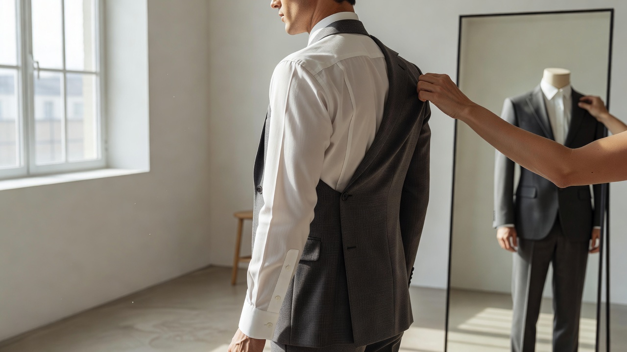 A tailored shirt and layered jacket being adjusted in a bright fitting room