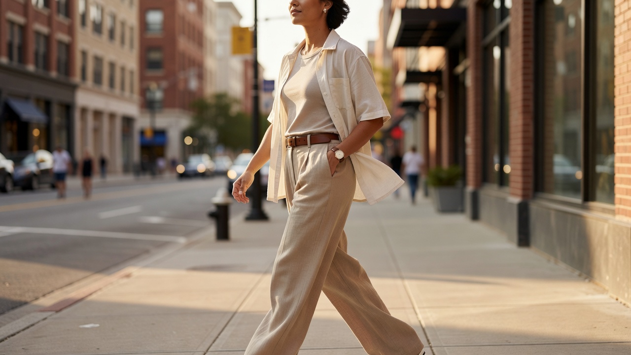 A person walking in wide trousers and an open shirt with simple everyday accessories