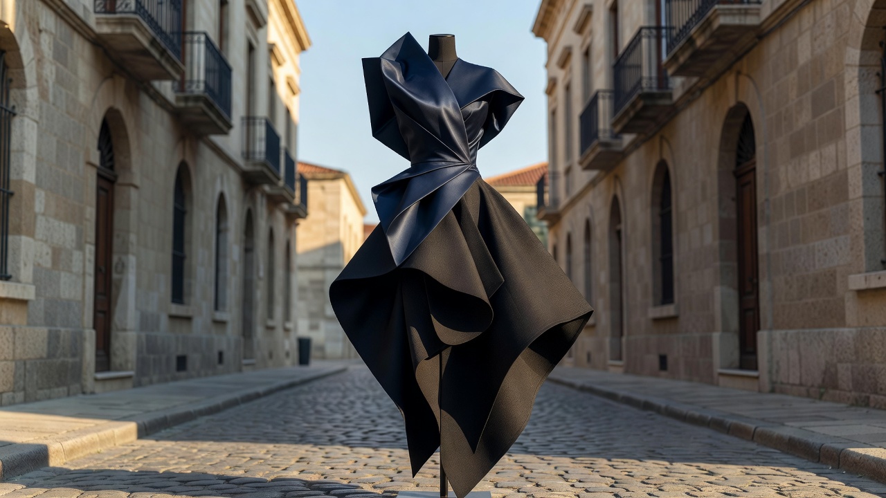 A sculptural evening outfit photographed on a quiet street in natural daylight