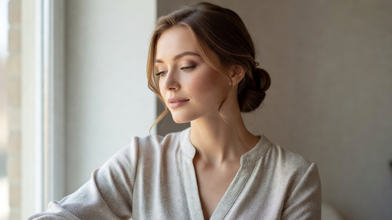 A naturally lit portrait showing softly defined makeup alongside a textured blouse and simple hair styling